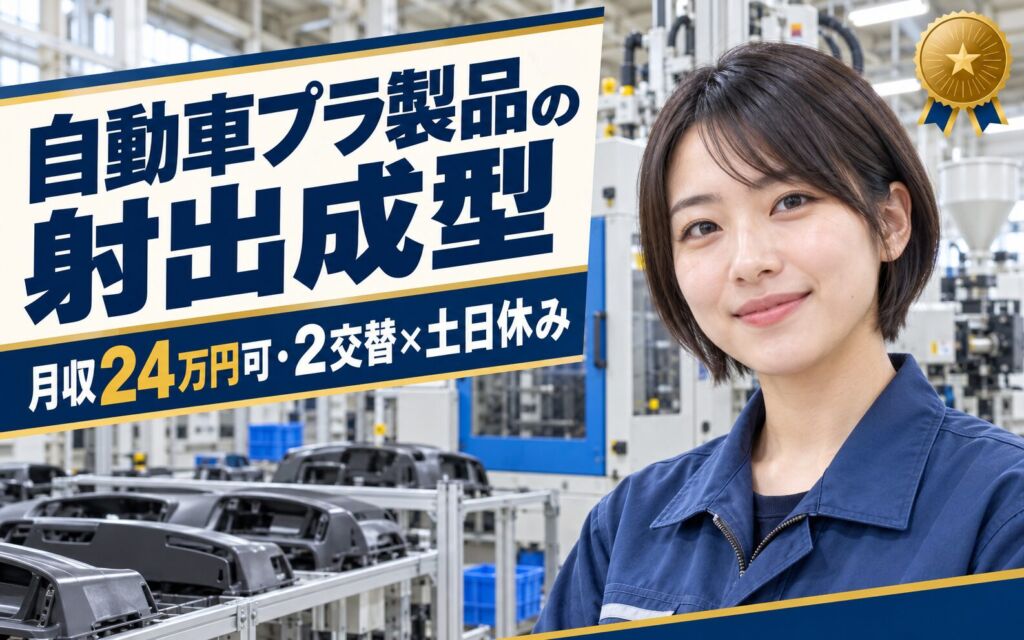 マンツーマン指導×正社員登用実績！自動車プラ製品の射出成型オペレーター／月収24万円可・2交替×土日休み