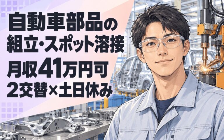 時給1700円×送迎あり！自動車部品の組立・スポット溶接スタッフ／月収41万円可・2交替×土日休み