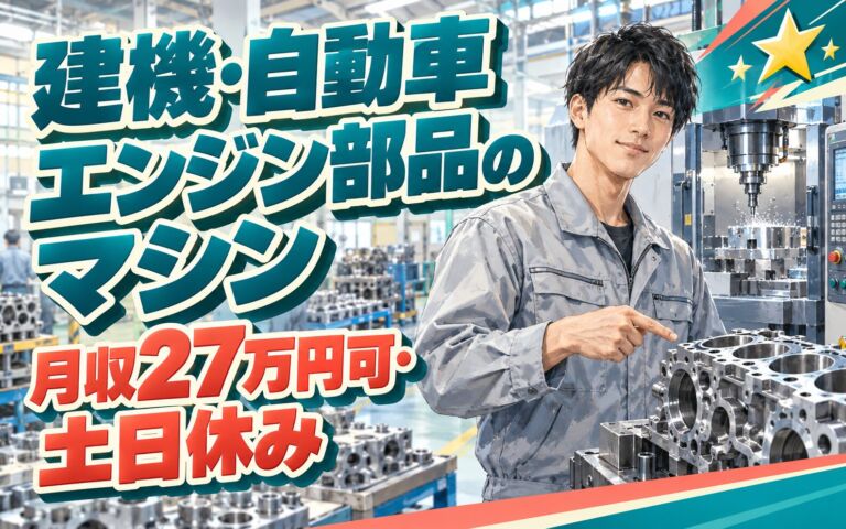時給1300円×2交替！建機・自動車エンジン部品のマシンオペレーター／月収27万円可・土日休み