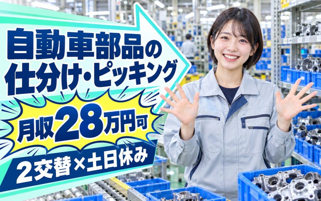 新規立ち上げ×寮費補助！自動車部品の仕分け・ピッキングスタッフ／月収28万円可・2交替×土日休み