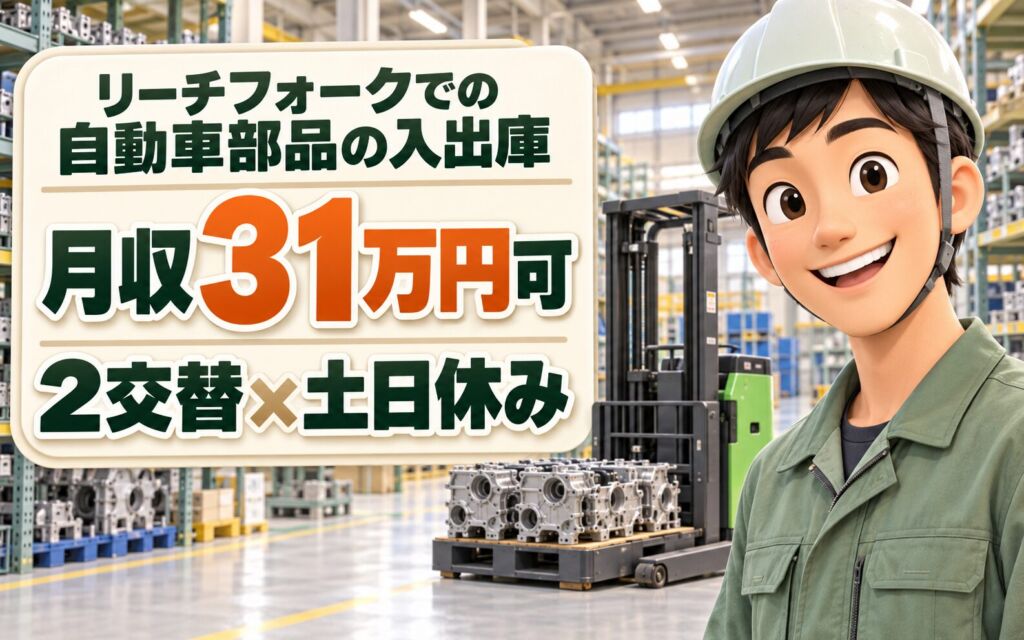 時給1350円×寮費補助！リーチフォークでの自動車部品の入出庫スタッフ／月収31万円可・2交替×土日休み