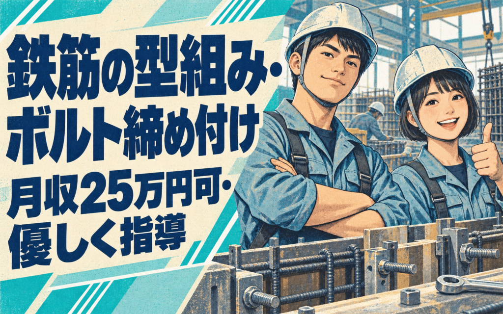 アットホーム×日勤×土日祝休み！鉄筋の型組み・ボルト締め付けスタッフ／月収25万円可・優しく指導