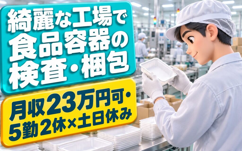 時給1300円×夕勤固定！綺麗な工場で食品容器の検査・梱包スタッフ／月収23万円可・5勤2休×土日休み