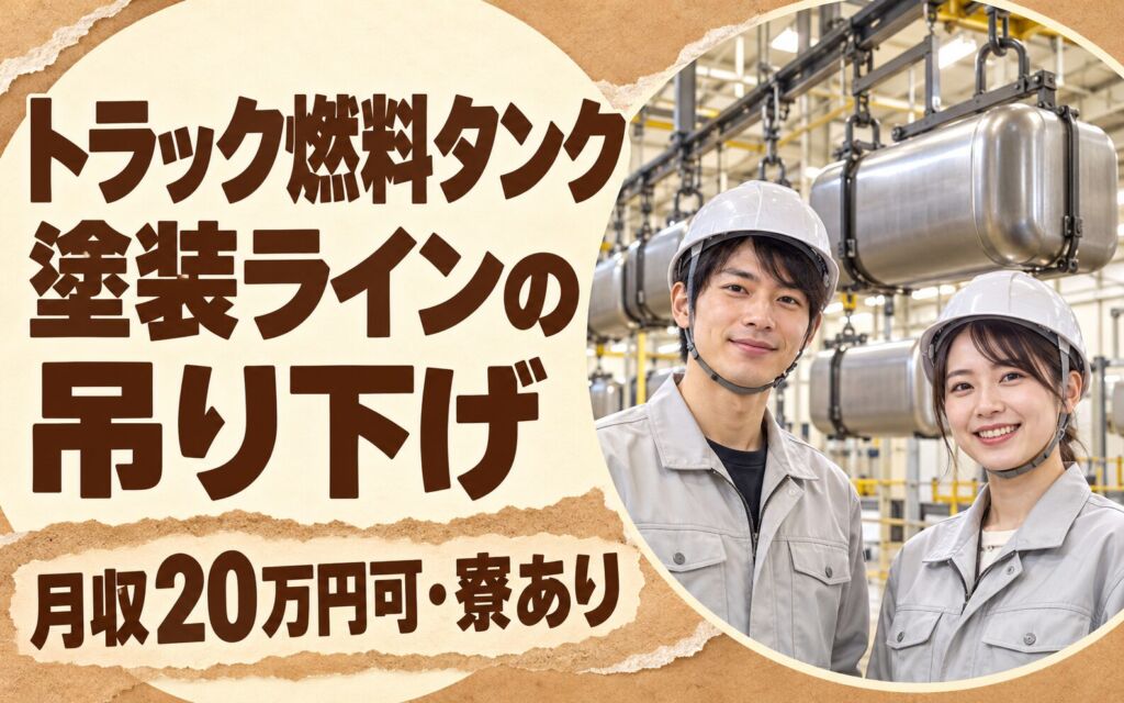 残業ゼロ×2交替！トラック燃料タンク塗装ラインの吊り下げスタッフ／月収20万円可・寮あり