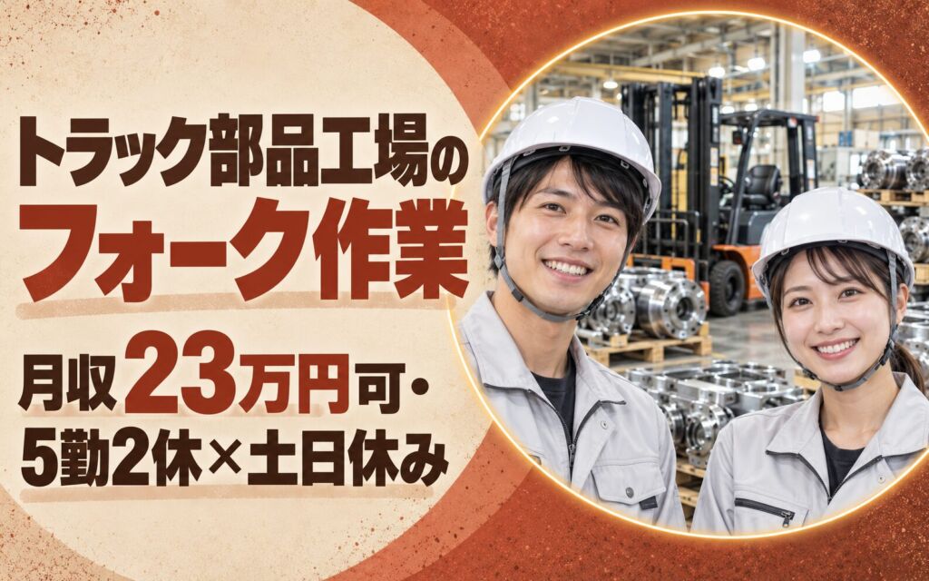カウンターフォーク活用！トラック部品工場のフォーク作業スタッフ／月収23万円可・5勤2休×土日休み