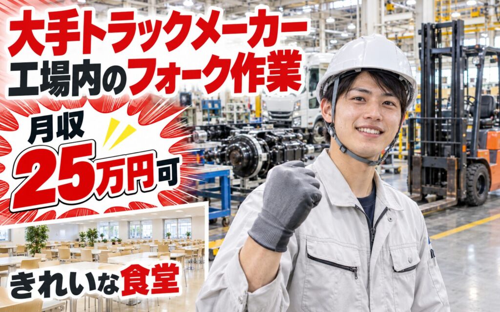 時給1450円×日勤×土日祝休み！大手トラックメーカー工場内のフォーク作業／月収25万円可・きれいな食堂