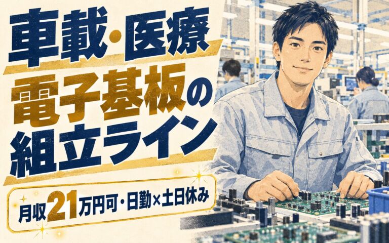 2週間〜3ヶ月の研修×キレイな職場！車載・医療電子基板の組立ラインスタッフ／月収21万円可・日勤×土日休み