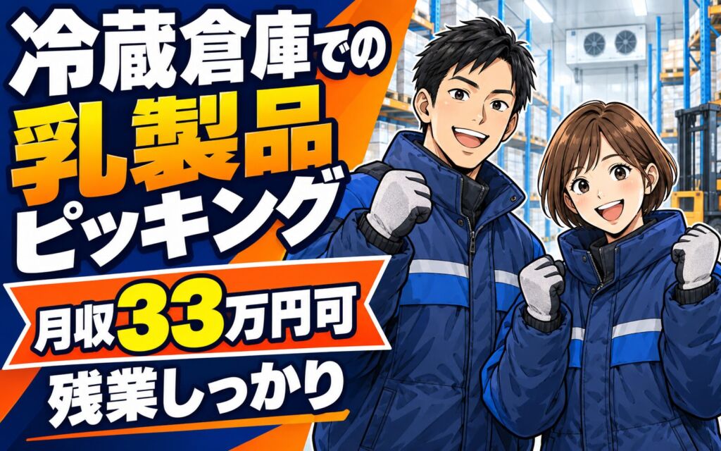 時給1300円×昇給制度！冷蔵倉庫での乳製品ピッキング・フォーク作業／月収33万円可・残業しっかり