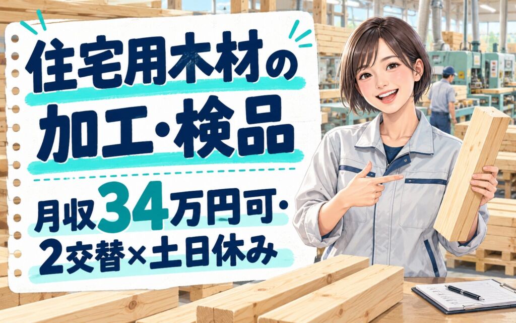 時給1450円×最新自動化設備！住宅用木材の加工・検品スタッフ／月収34万円可・2交替×土日休み