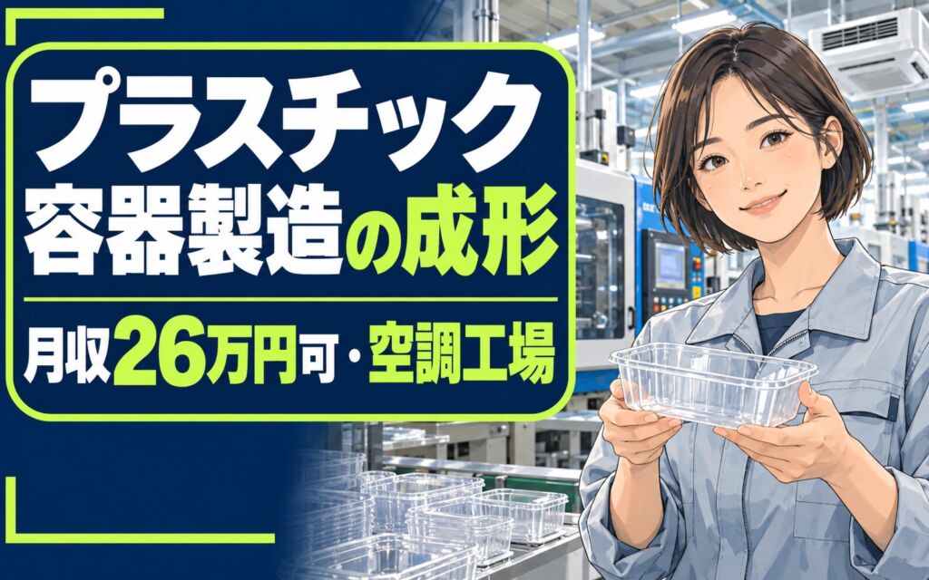 時給1400円×残業少なめ！プラスチック容器製造の成形オペレーター／月収26万円可・空調工場・土日休み