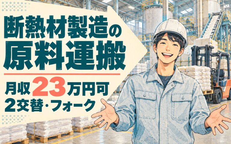 寮から近距離×4勤2休！断熱材製造の原料運搬スタッフ／月収23万円可・2交替・フォーク資格取得支援