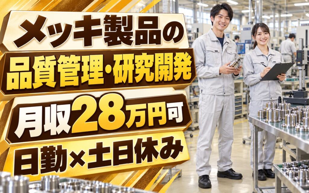 紹介予定派遣×品質管理！メッキ製品の品質管理・研究開発スタッフ／月収28万円可・日勤×土日休み