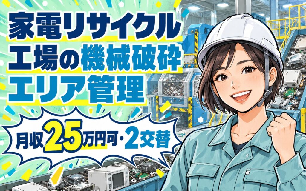 時給1385円×残業少なめ！家電リサイクル工場の機械破砕エリア管理スタッフ／月収25万円可・2交替