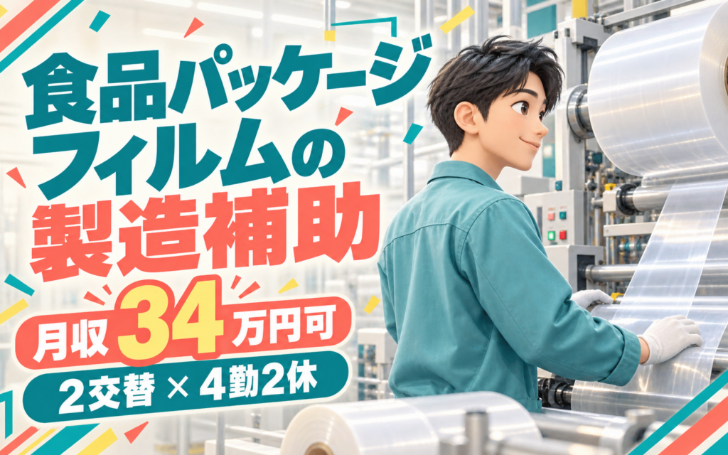 時給1300円×家賃補助！食品パッケージフィルムの製造補助スタッフ／月収34万円可・2交替×4勤2休