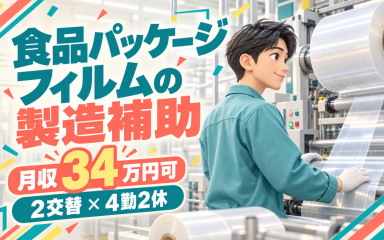 時給1300円×家賃補助！食品パッケージフィルムの製造補助スタッフ／月収34万円可・2交替×4勤2休