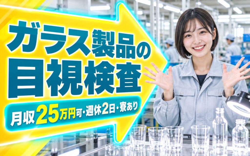 夜勤専属×座り作業！ガラス製品の目視検査スタッフ／月収25万円可・週休2日・寮あり