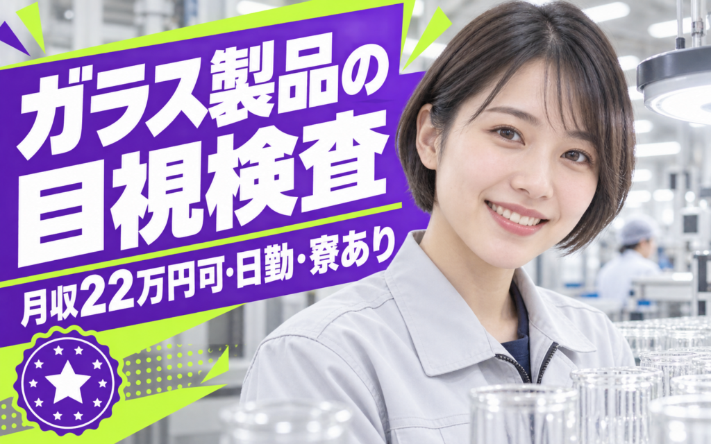 リーダー在住×ライン作業！ガラス製品の目視検査スタッフ／月収22万円可・日勤・寮あり