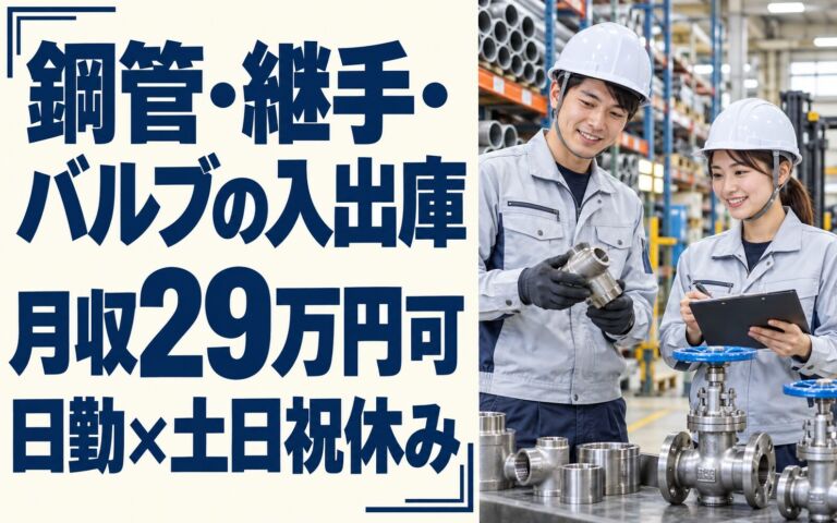 時給1400円×残業しっかり！鋼管・継手・バルブの入出庫スタッフ／月収29万円可・日勤×土日祝休み