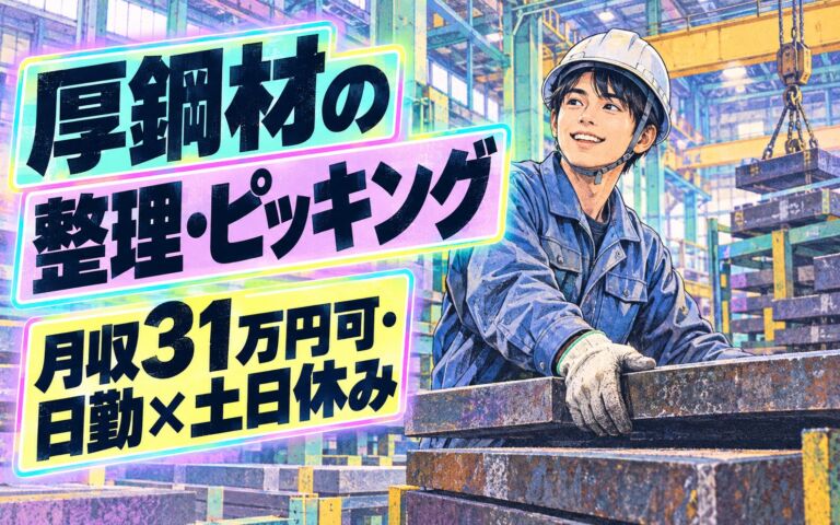 時給1700円×食堂100円！厚鋼材の整理・ピッキングスタッフ／月収31万円可・日勤×土日休み