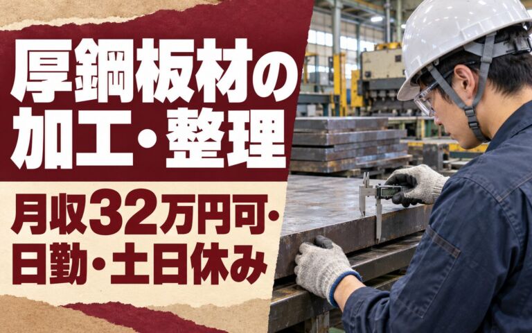 時給1550円×送迎あり！厚鋼板材の加工・整理スタッフ／月収32万円可・日勤×土日休み・寮あり