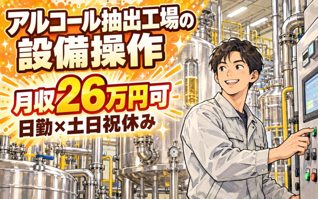 時給1450円×イベント充実！アルコール抽出工場の設備操作スタッフ／月収26万円可・日勤×土日祝休み