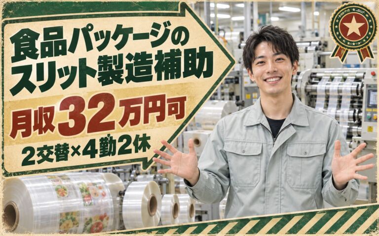 時給1310円×寮費補助！食品パッケージのスリット製造補助／月収32万円可・2交替×4勤2休・社食250円