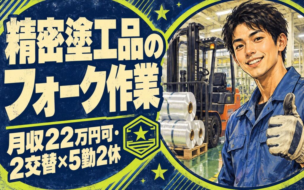 リーチフォーク経験者×送迎あり！精密塗工品のフォーク作業／月収22万円可・2交替×5勤2休