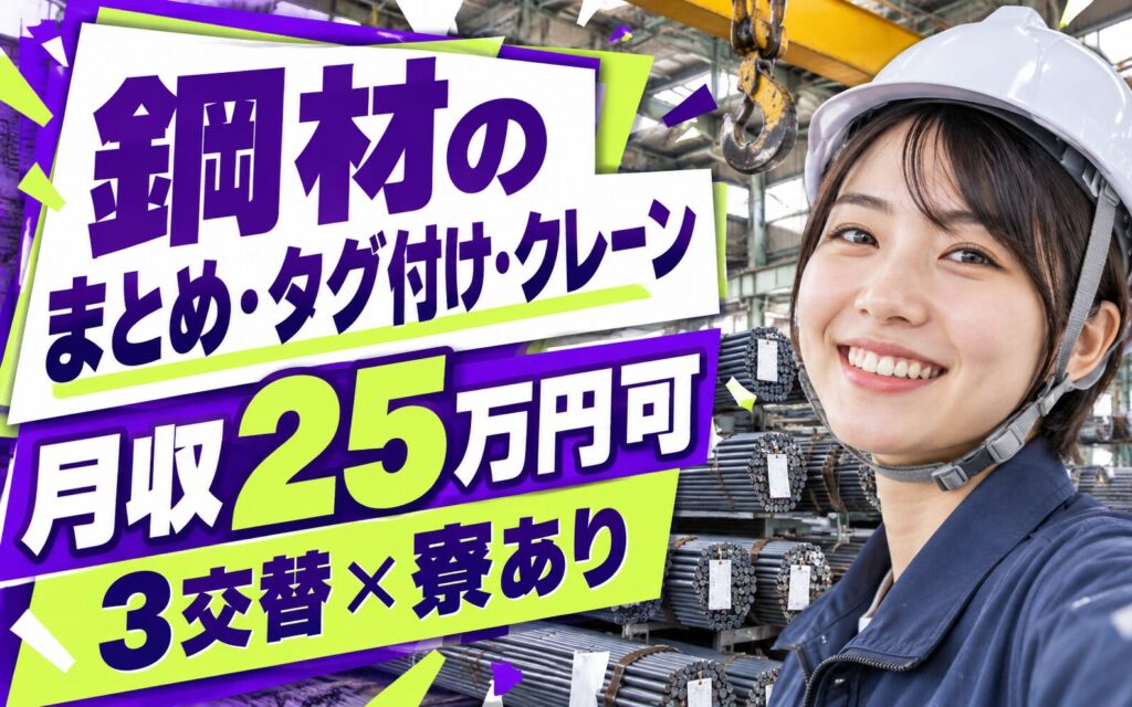 シンプル作業×時給1350円！鋼材のまとめ・タグ付け・クレーンスタッフ／月収25万円可・3交替×寮あり