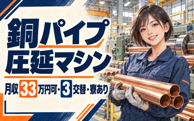 時給1650円×シャワー完備！銅パイプ圧延マシンオペレーター／月収33万円可・3交替・寮あり
