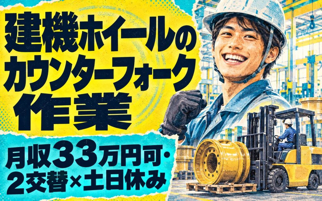 時給1450円×残業多めで稼げる！建機ホイールのカウンターフォーク作業／月収33万円可・2交替×土日休み
