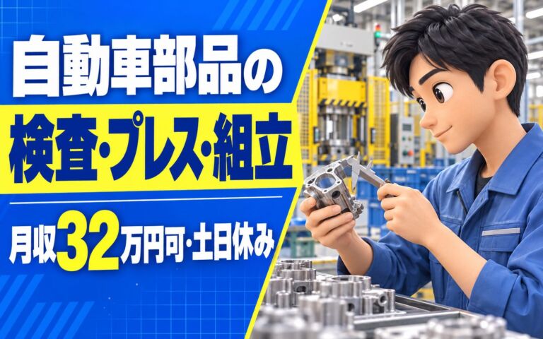 時給1351円×2交替！自動車部品の検査・プレス・組立スタッフ／月収32万円可・土日休み・残業しっかり