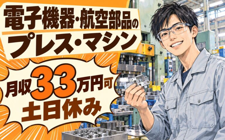 時給1350円×日勤！電子機器・航空部品のプレス・マシンオペレーター／月収33万円可・土日休み