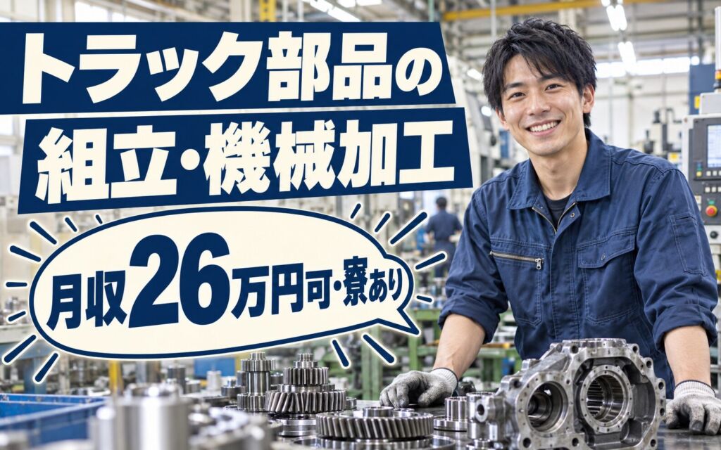 時給1357円×日勤×土日休み！トラック部品の組立・機械加工スタッフ／月収26万円可・寮あり