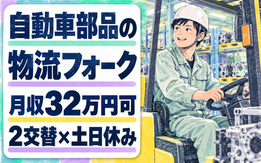 時給1500円×冷暖房完備×送迎あり！自動車部品の物流フォークスタッフ／月収32万円可・2交替×土日休み