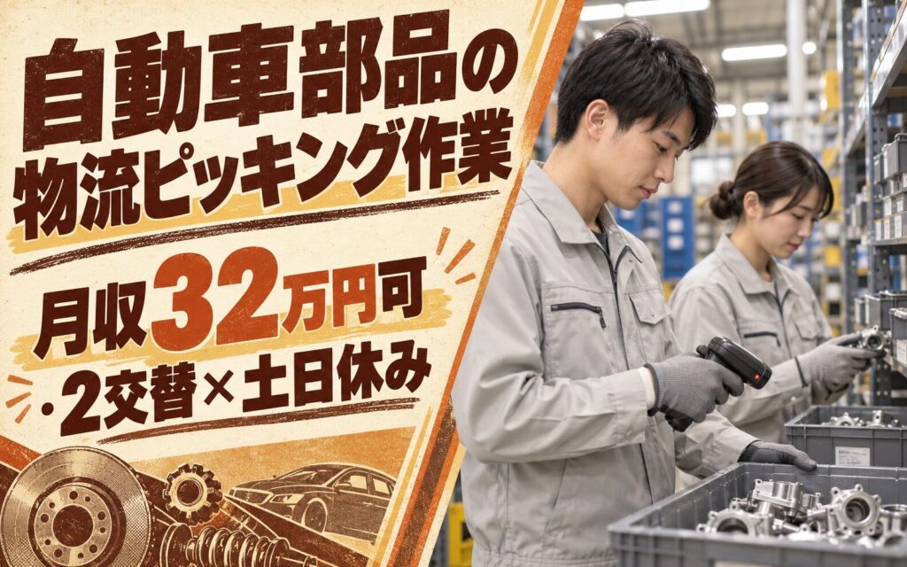 時給1500円×冷暖房完備×送迎あり！自動車部品の物流ピッキング作業／月収32万円可・2交替×土日休み