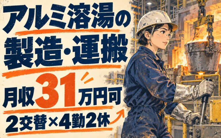 時給1350円×空調服貸与！アルミ溶湯の製造・運搬スタッフ／月収31万円可・2交替×4勤2休・寮あり