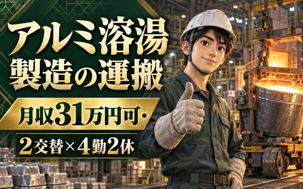 時給1350円×資格取得会社負担！アルミ溶湯製造の運搬スタッフ／月収31万円可・2交替×4勤2休