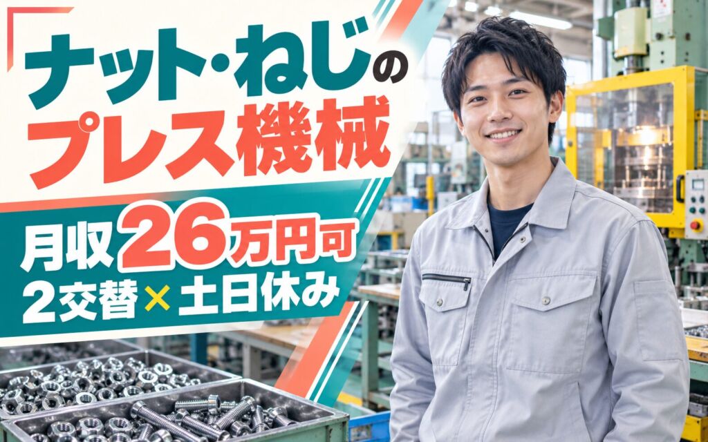 時給1470円×資格取得可能！ナット・ねじのプレス機械オペレーター／月収26万円可・2交替×土日休み