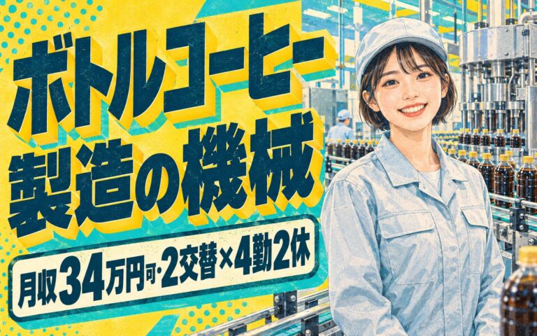 時給1550円×正社員登用可能！ボトルコーヒー製造の機械オペレーター／月収34万円可・2交替×4勤2休