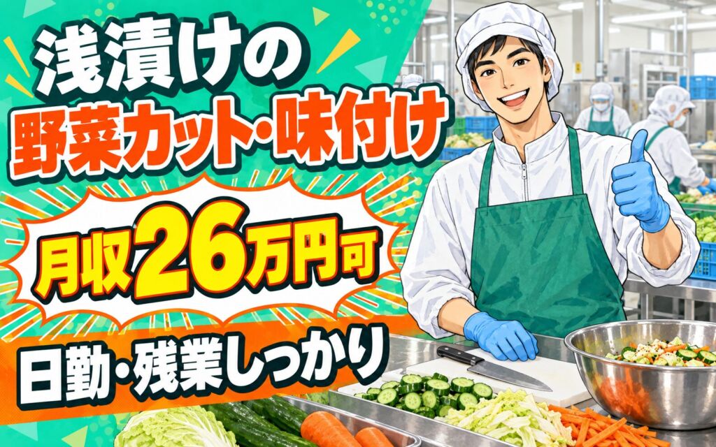 定着率高×面倒見良い先輩！浅漬けの野菜カット・味付けスタッフ／月収26万円可・日勤・残業しっかり