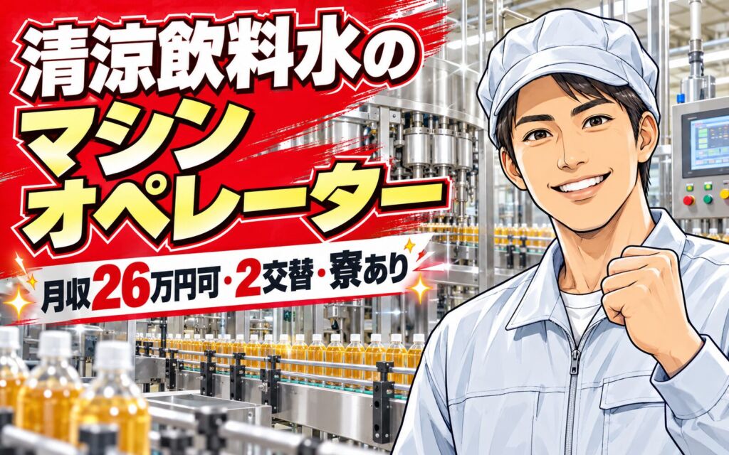 冷暖房完備×セミクリーン！清涼飲料水のマシンオペレータースタッフ／月収26万円可・2交替・寮あり