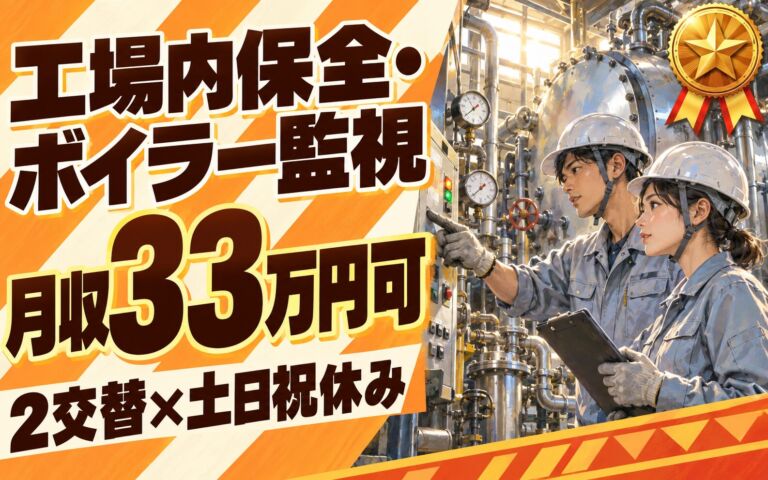 時給1600円×重量物なし！工場内保全・ボイラー監視スタッフ／月収33万円可・2交替×土日祝休み