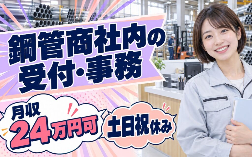 時給1350円×大阪市内×完全日勤！鋼管商社内の受付・事務スタッフ／月収24万円可・土日祝休み