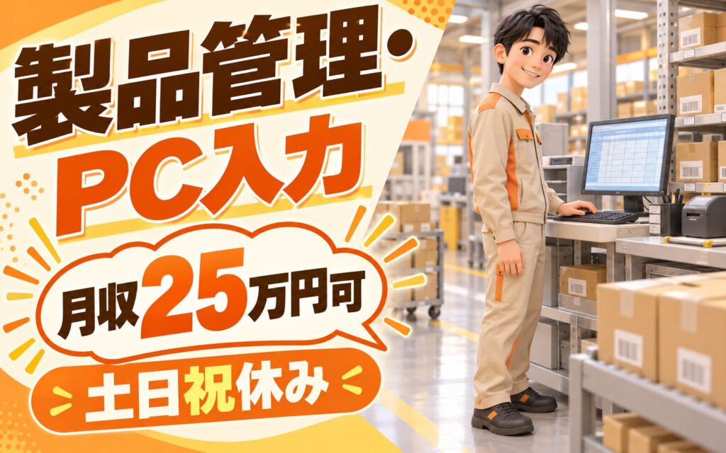 寮費半額×日勤×残業なし×無期正社員！製品管理・PC入力スタッフ／月収25万円可・土日祝休み